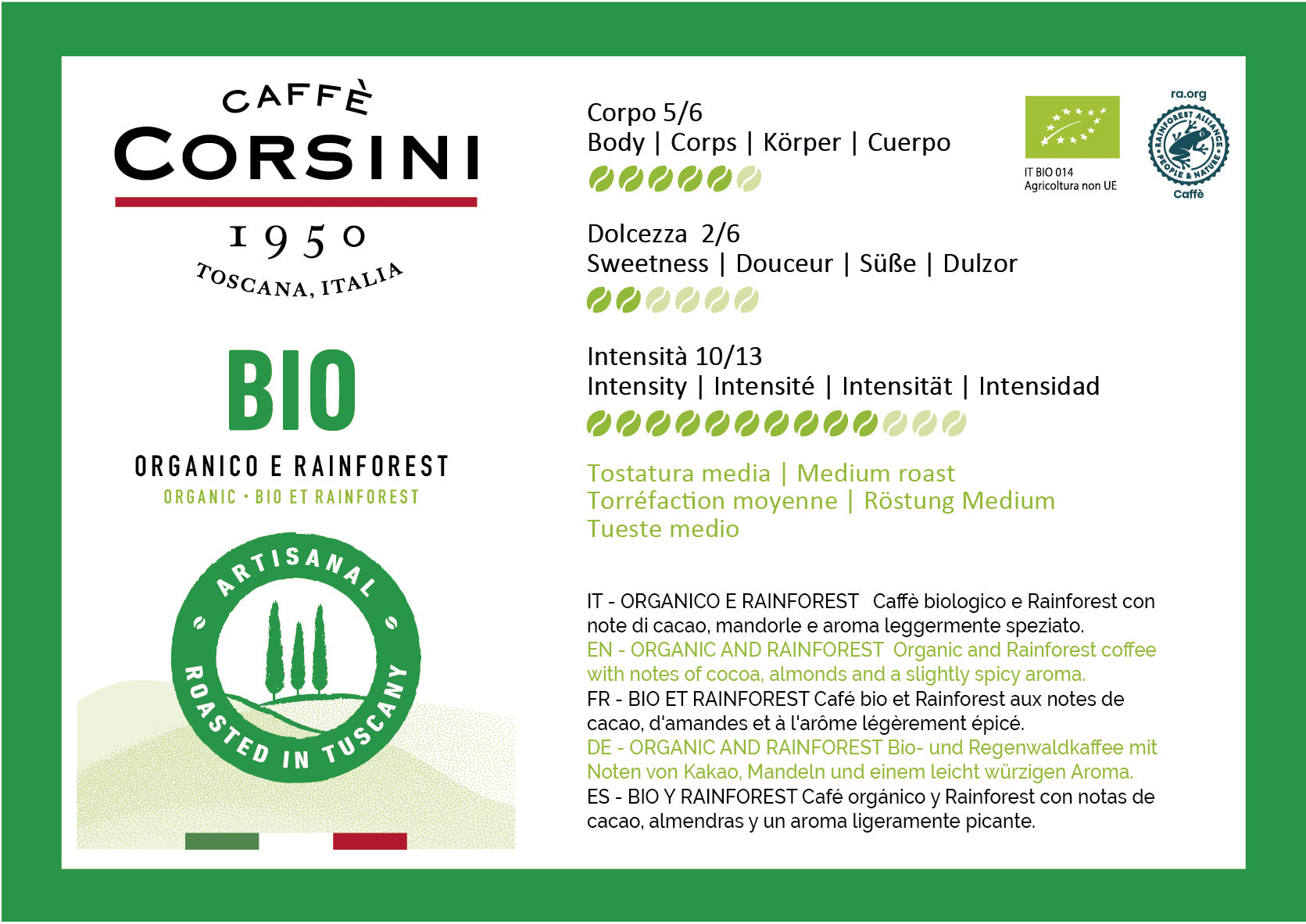 Scheda organolettica caffè biologico nuova gamma di caffè, Caffè Corsini