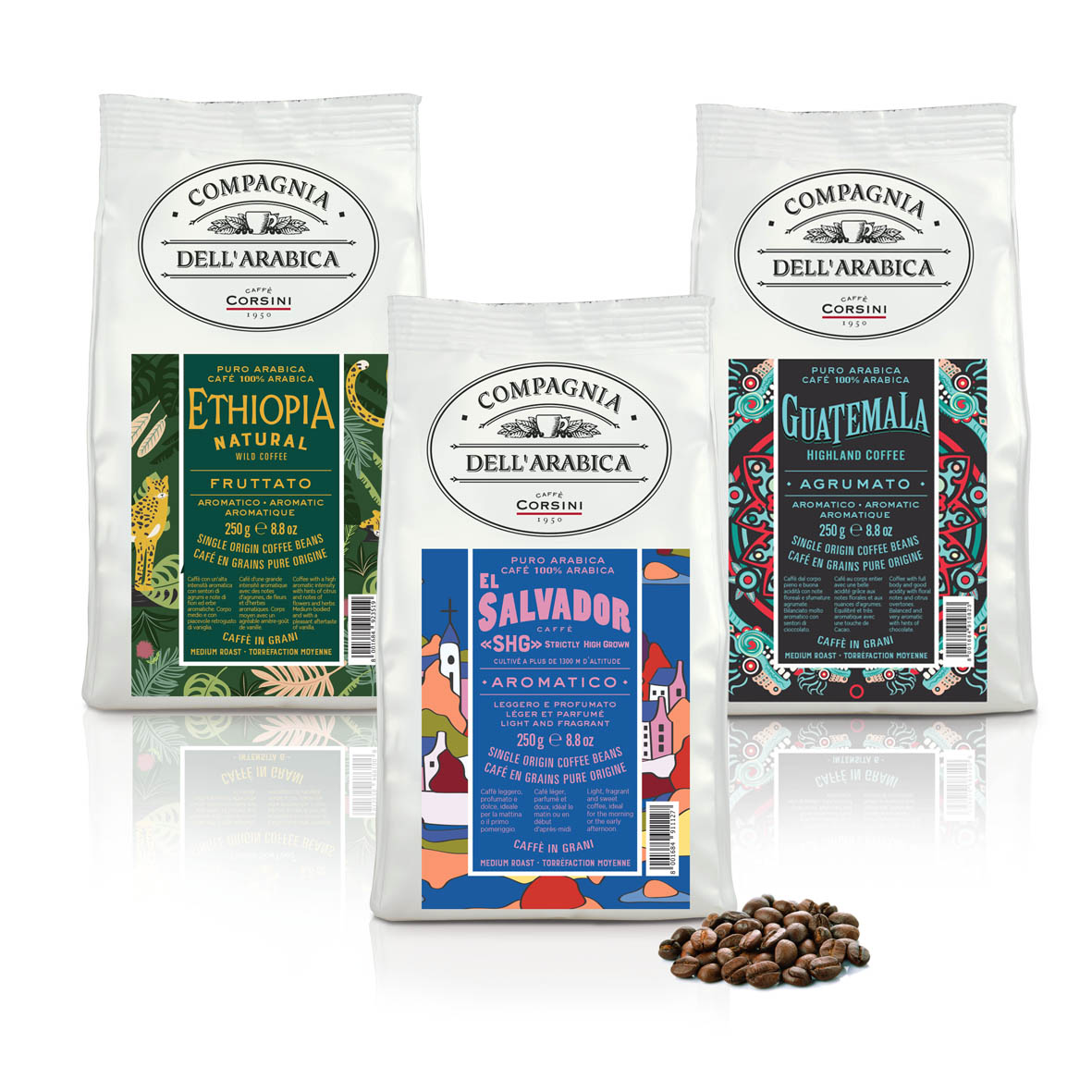 Caffè in grani | Viaggio sensoriale | Arabica Selection | El Salvador - Guatemala - Ethiopia | 3 X 250g
