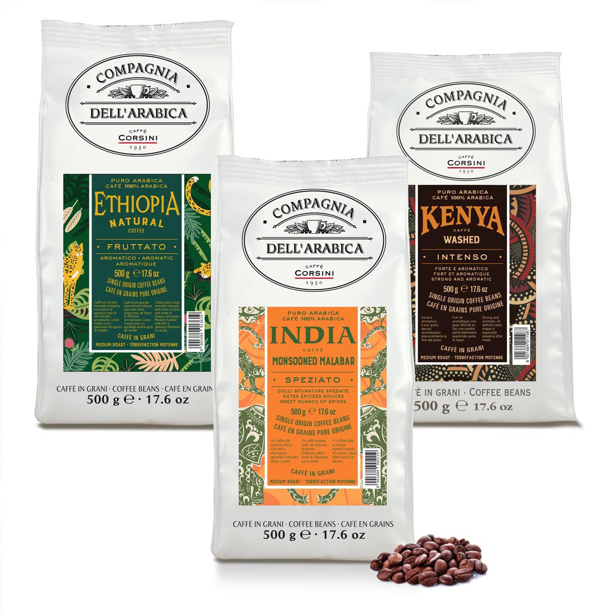 Tris di caffè in grani | Ethiopia, India, Kenya | 500g in ogni confezione