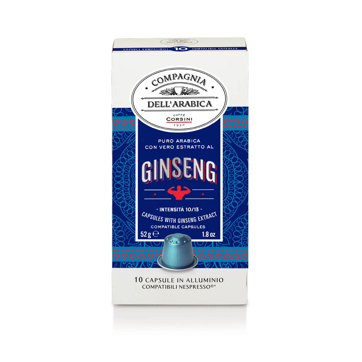 Capsule compatibili Nespresso® di caffè espresso 100% Arabica con vero estratto al ginseng, Caffè Corsini
