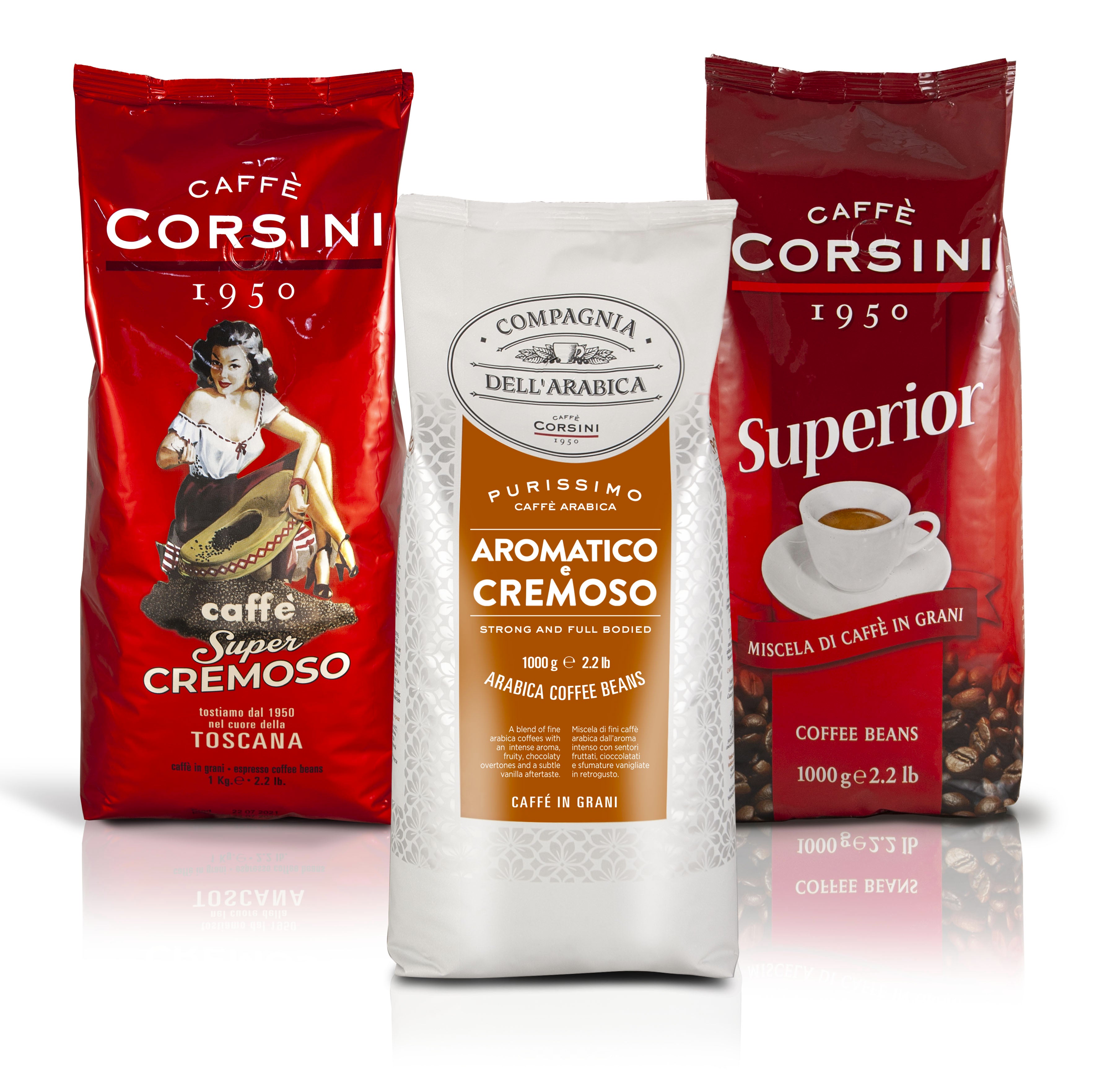 Set di 3 caffè in grani Super Cremoso, Aromatico e Cremoso, Superior, 1 Kg ogni confezione, totale 3 chilogrammi, Caffè Corsini