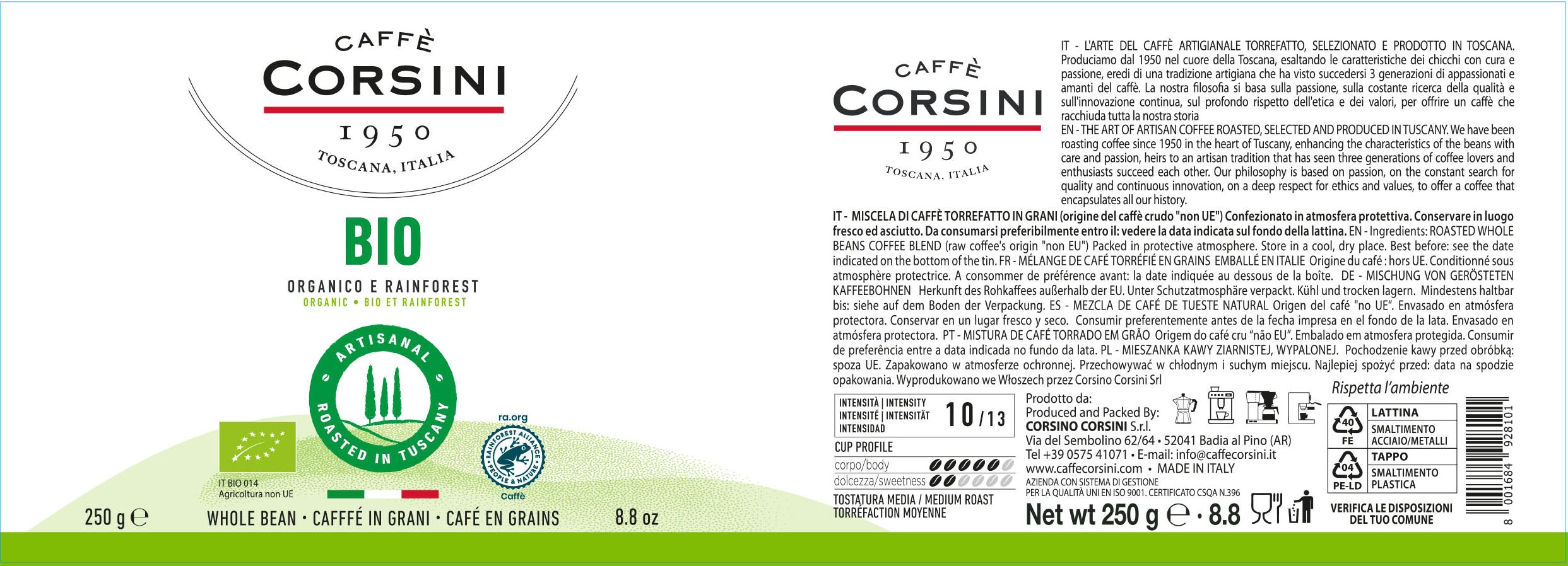 Caffè Corsini biologico e Rainforest in grani, BIO, 250g | Cartone da 12