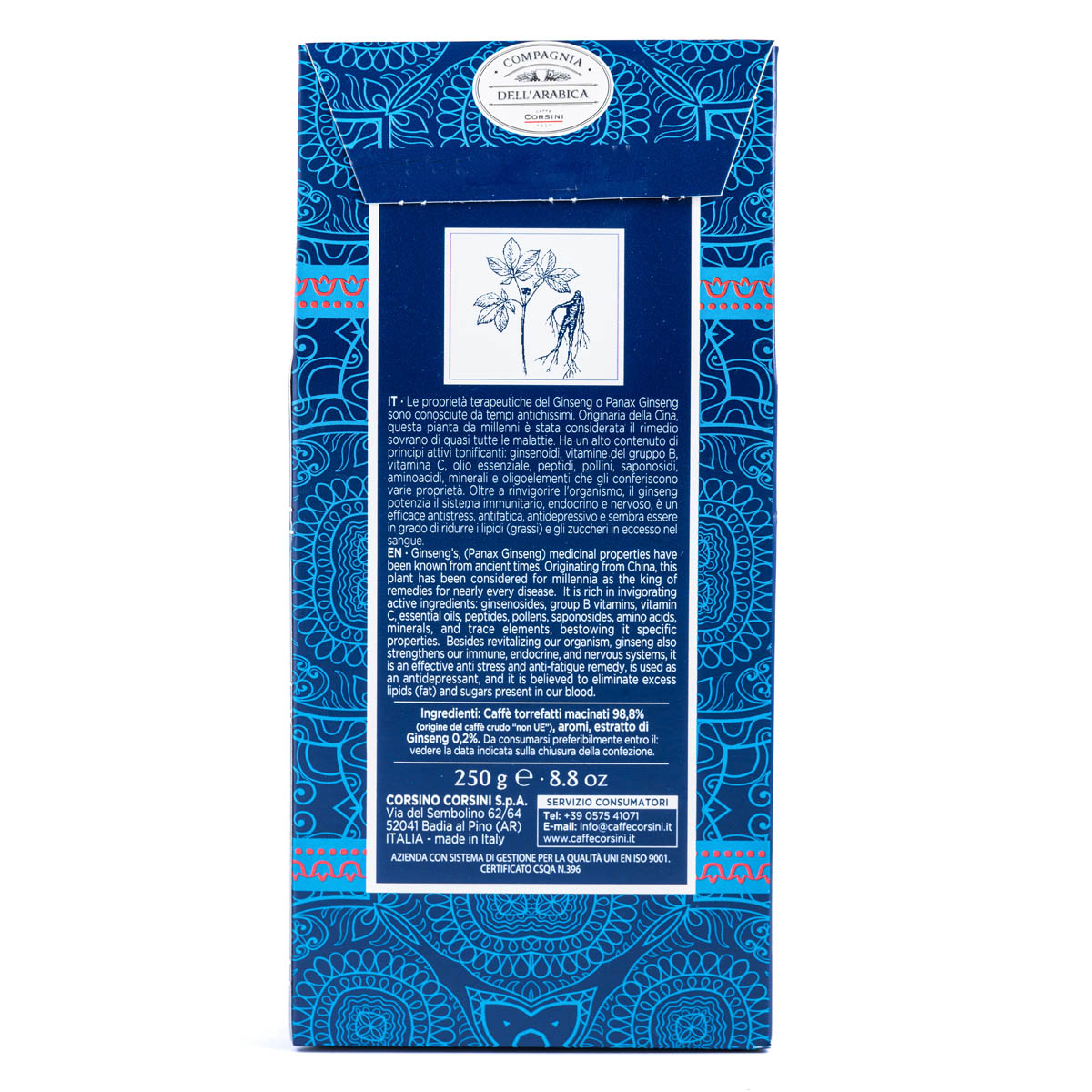 Caffè macinato 100% Arabica con vero estratto al ginseng, Caffè Corsini