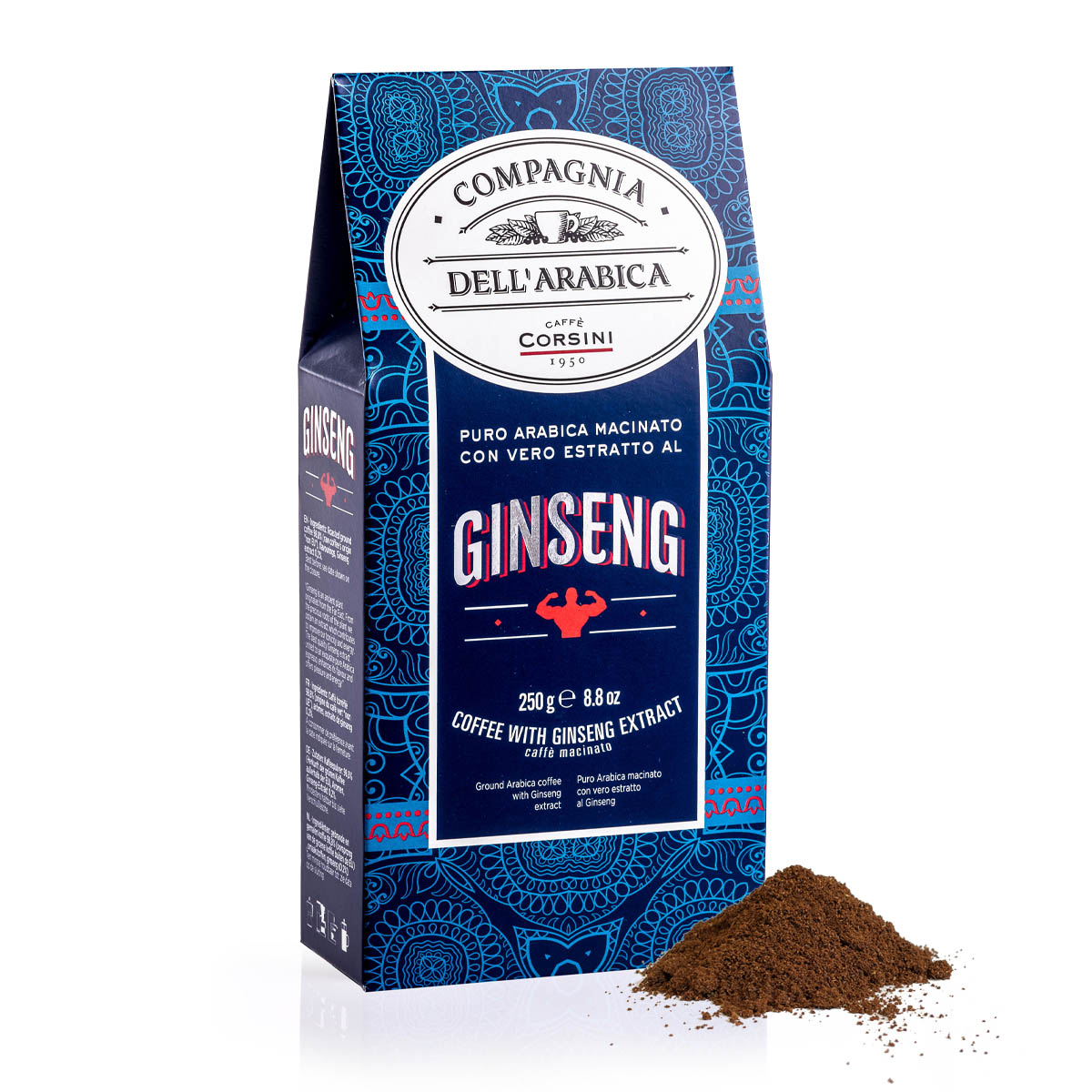 Caffè macinato 100% Arabica con vero estratto al ginseng, Caffè Corsini