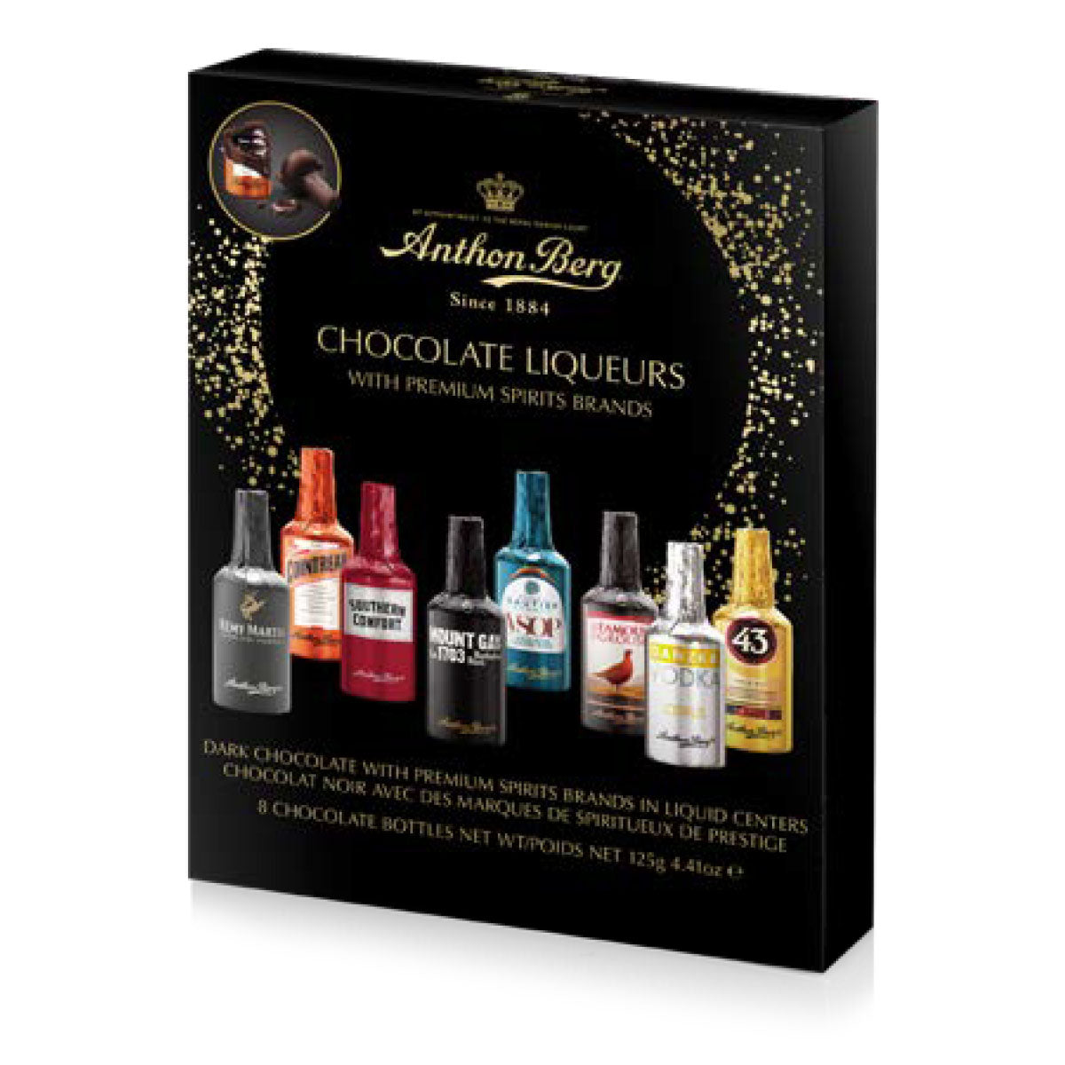 8 cioccolatini Anthon Berg a forma di bottigliette con liquori assortiti