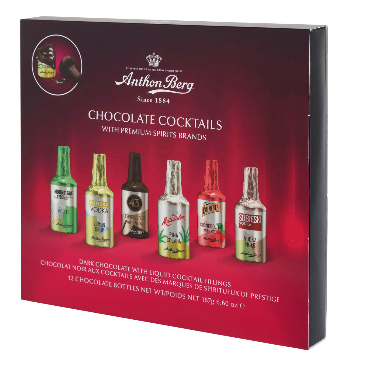 12 cioccolatini Anthon Berg a forma di bottigliette con liquori assortiti