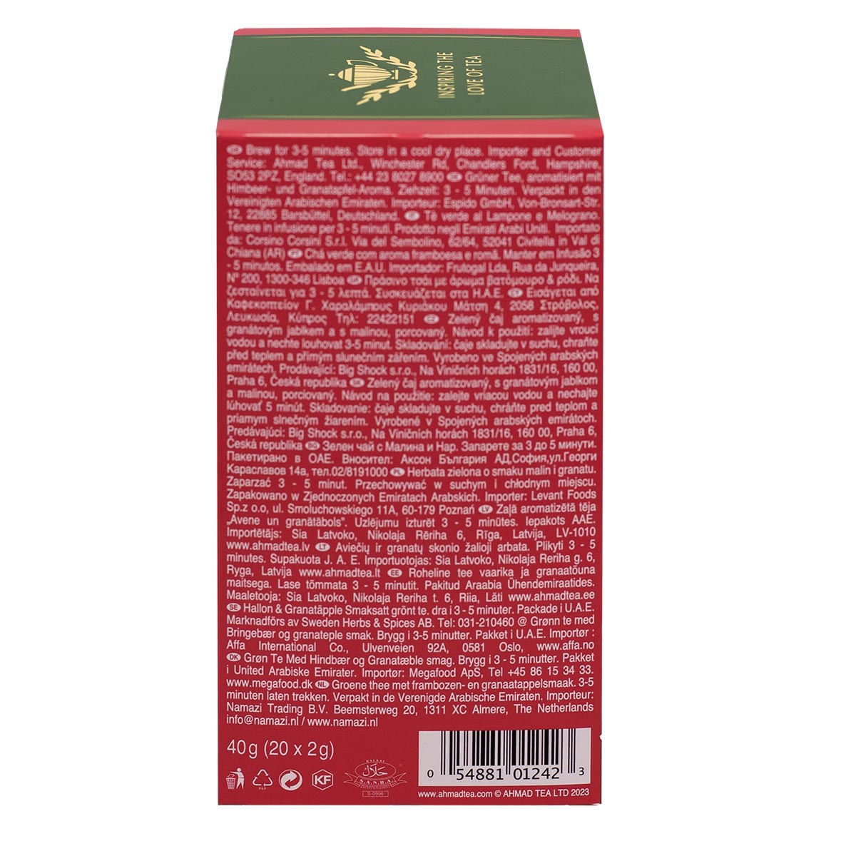 Raspberry & Pomegranate Green Tea | 20 Teabags each pack | Box of 6