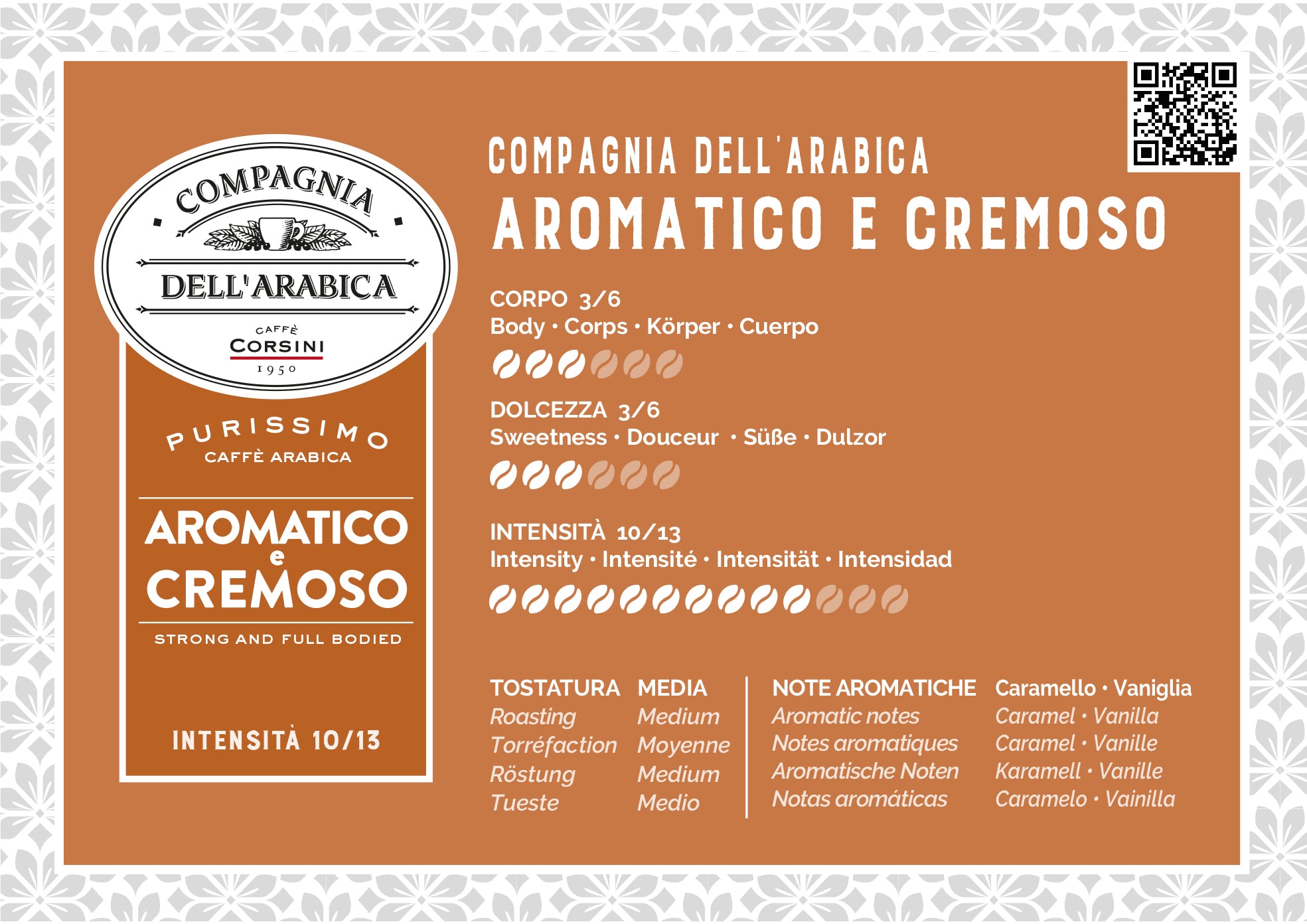 Scheda organolettica Caffè Aromatico e Cremoso, 100% Arabica, Caffè Corsini Compagnia dell'Arabica