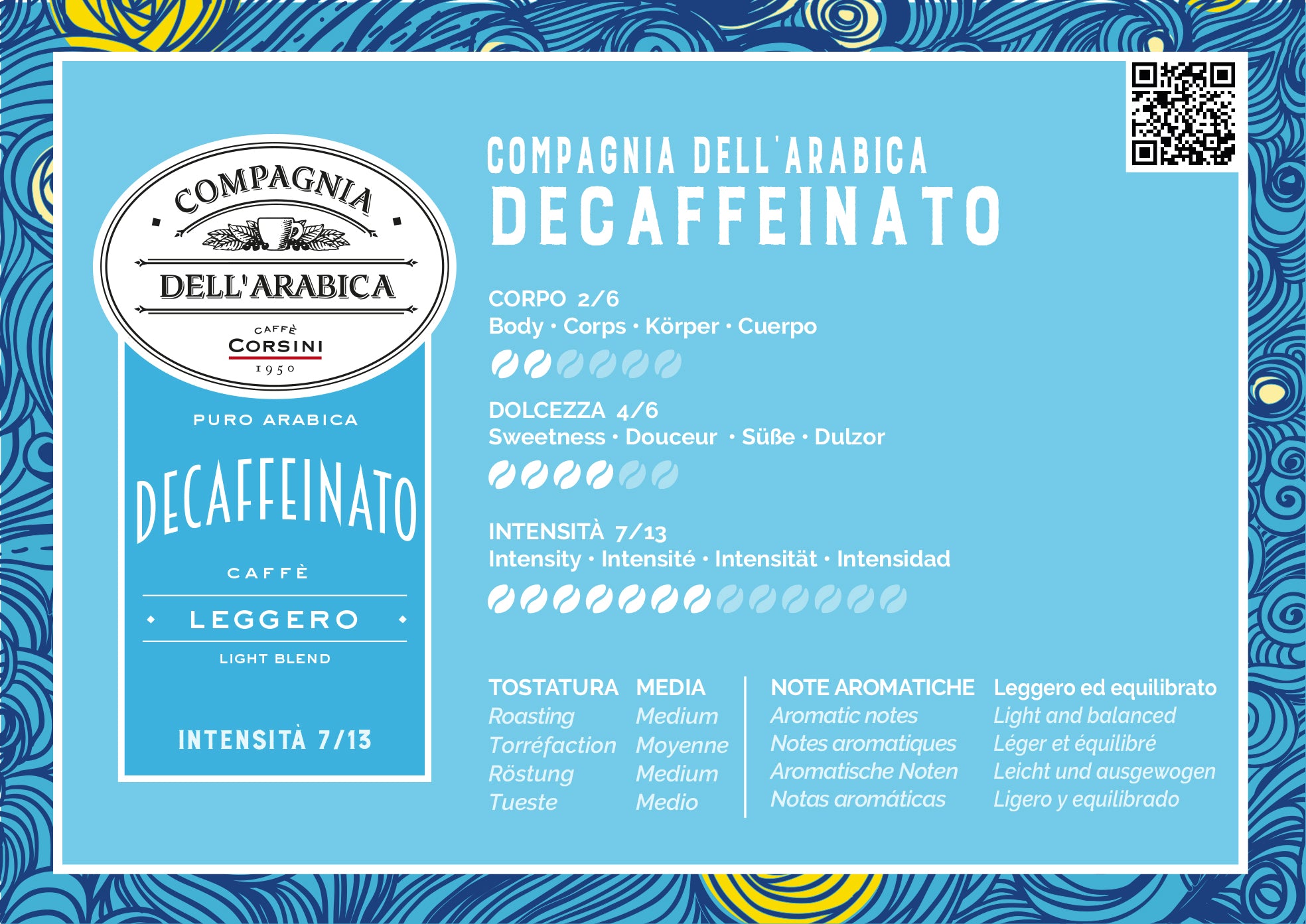 Scheda organolettica Caffè Decaffeinato, 100% Arabica, Caffè Corsini Compagnia dell'Arabica