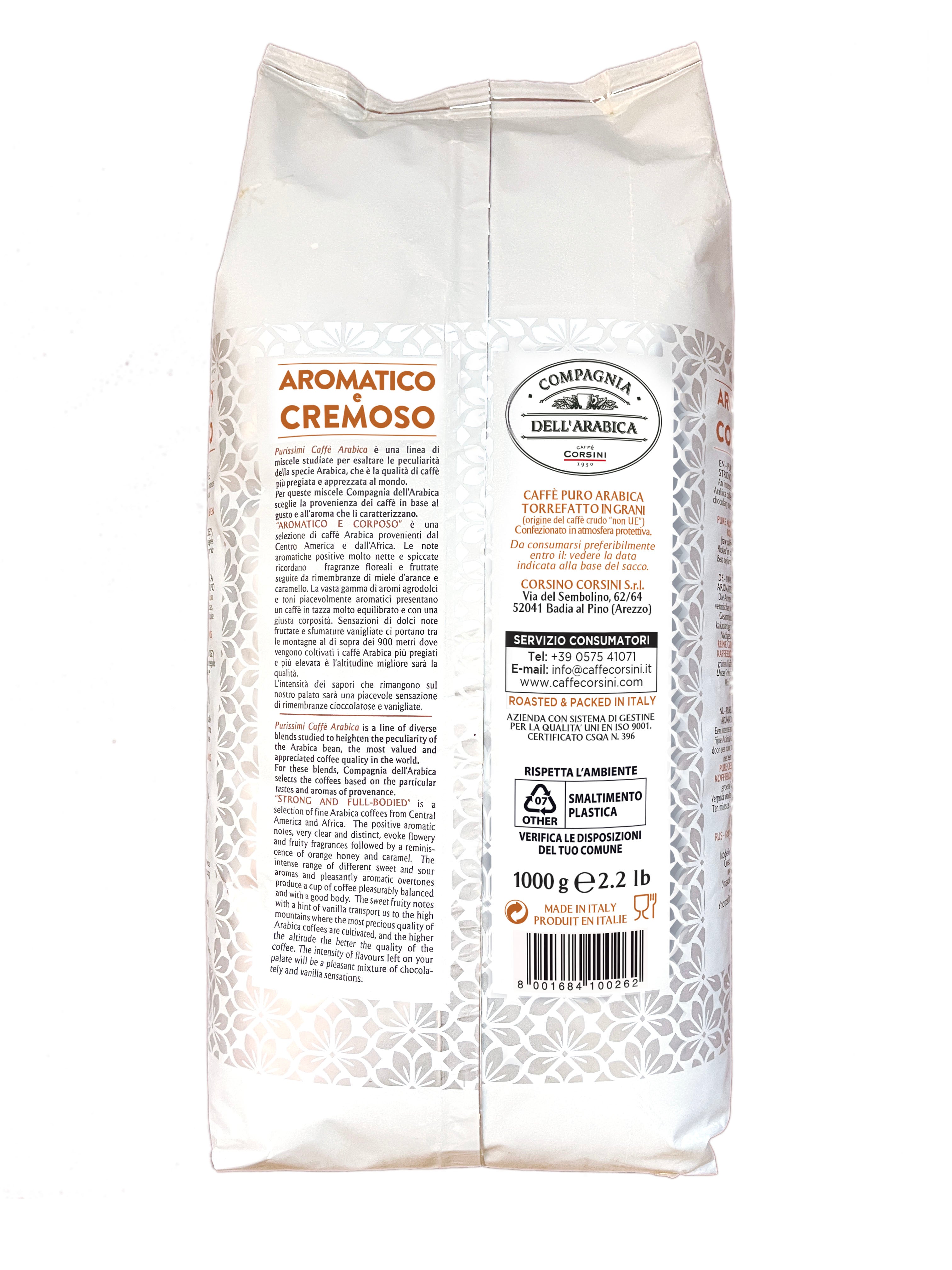 Caffè in grani | Aromatico e Cremoso | 100% Arabica | 1 Kg | Cartone con 8 confezioni
