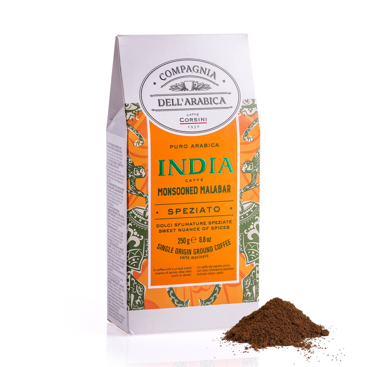 Caffè macinato | India Monsooned Malabar | 100% Arabica | Confezione da 250g | Cartone con 12 confezioni