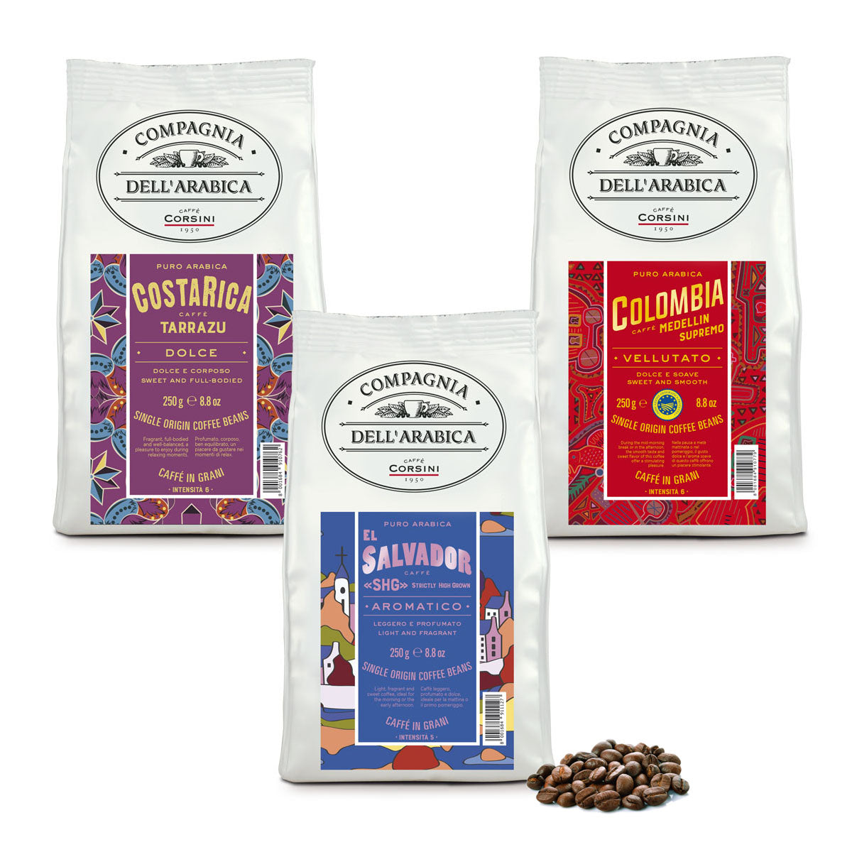 Caffè in grani | Profumi e aromi dal Centro America | Costa Rica - El Salvador - Colombia | 3 x 250g