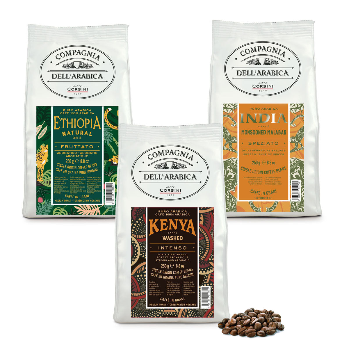 Tris di caffè in grani | Ethiopia, India, Kenya | 250g in ogni confezione