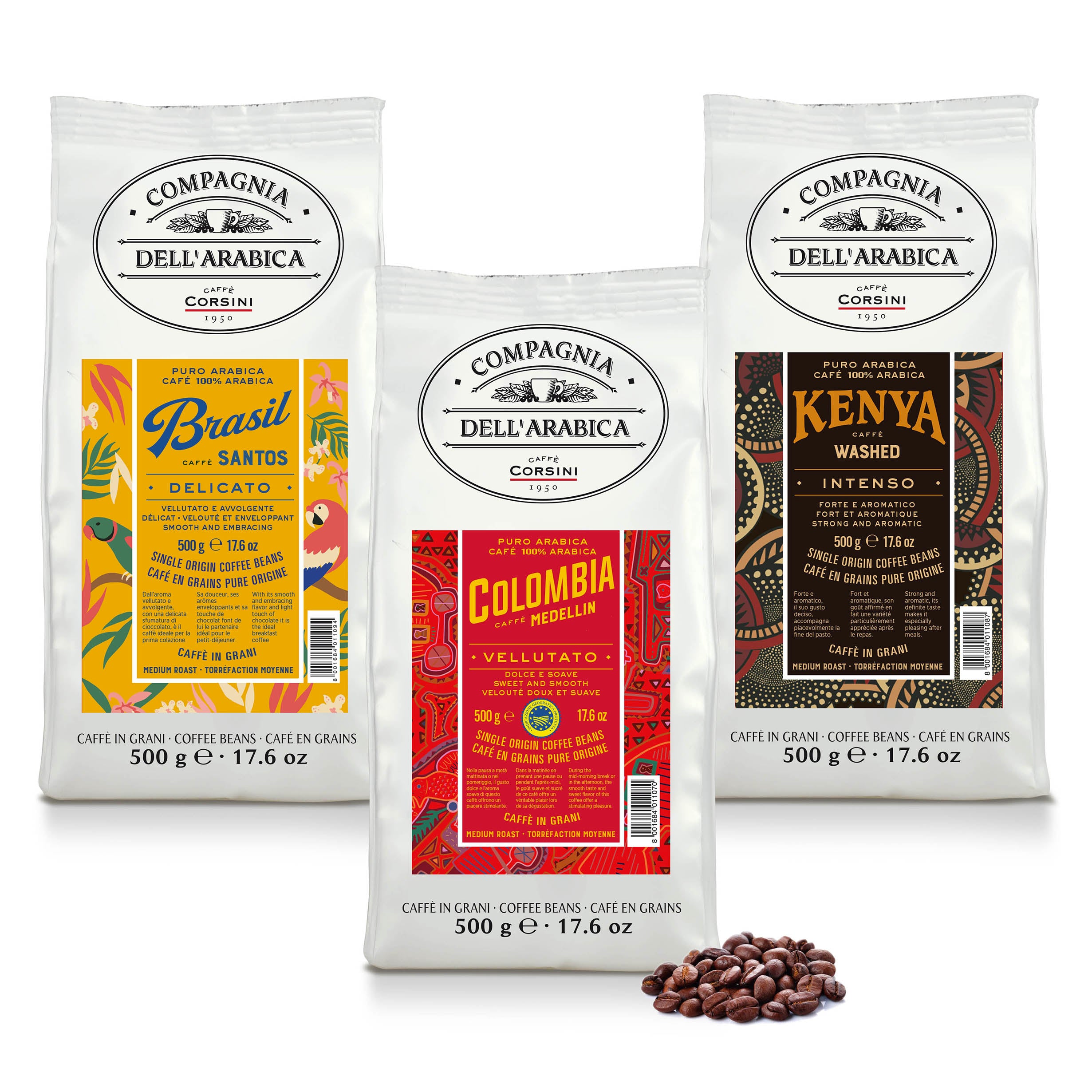 Tris di caffè in grani Brasil, Colombia, Kenya, 500g in ogni confezione, totale 1,5 Kg, Caffè Corsini Compagnia dell'Arabica