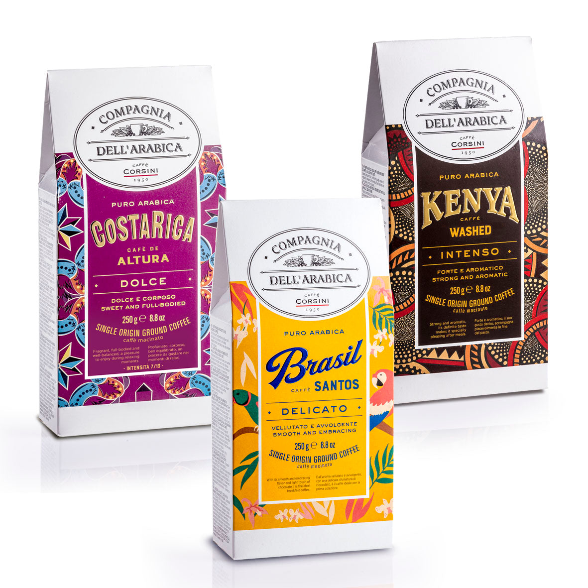 Caffè macinato | Gusti avvolgenti e fragranze dal mondo | Costa Rica, Brasil, Kenya | 3 X 250g