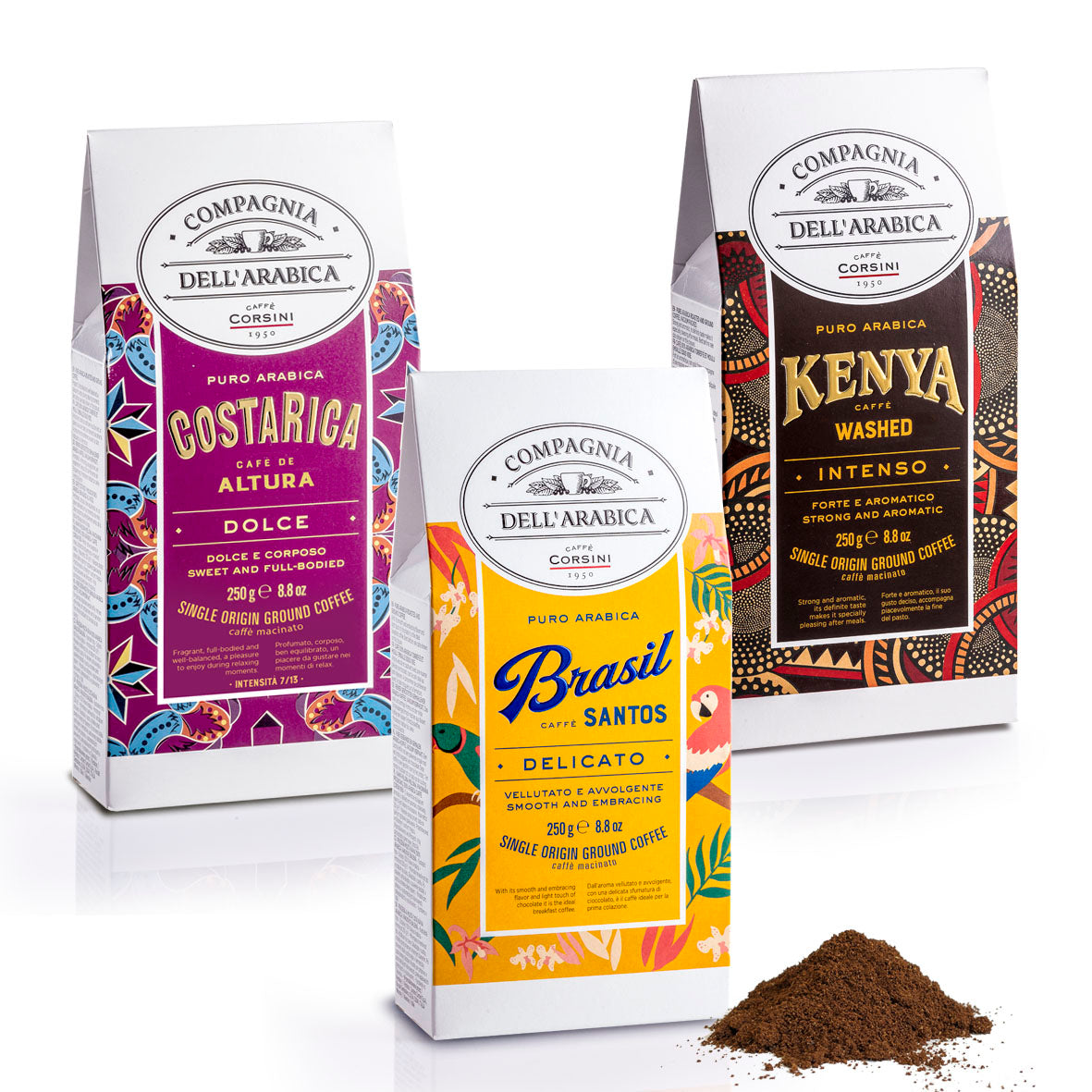 Caffè macinato | Gusti avvolgenti e fragranze dal mondo | Costa Rica, Brasil, Kenya | 3 X 250g