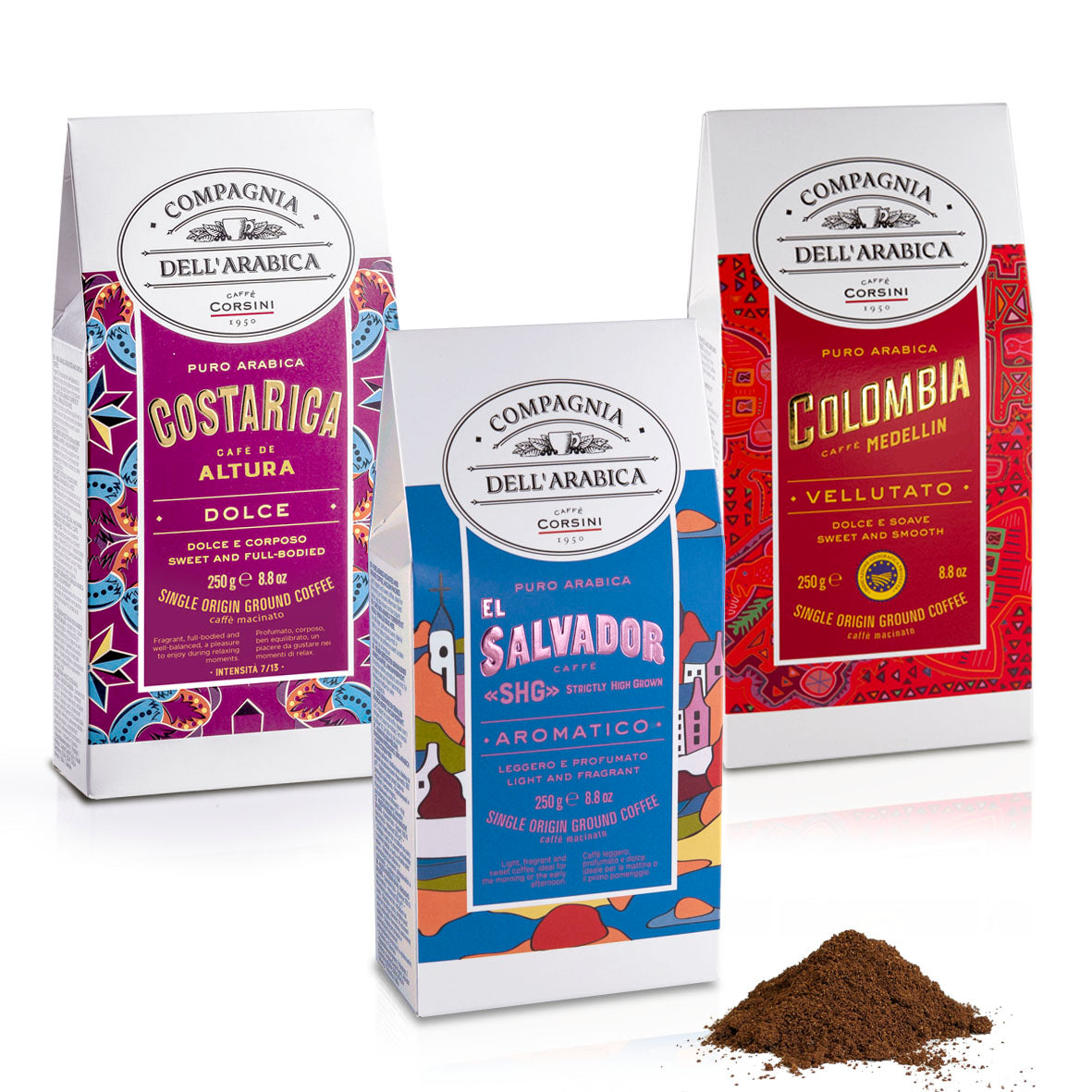 Caffè macinato | Profumi e aromi dal Centro America | Costa Rica, El Salvador, Colombia | 3 X 250g