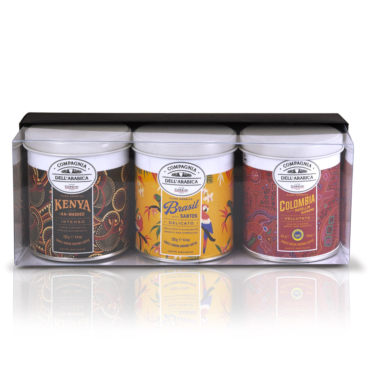 Caffè macinato | 100% Arabica | Brasil, Colombia, Kenya | 3 x 125g | Cartone da 6