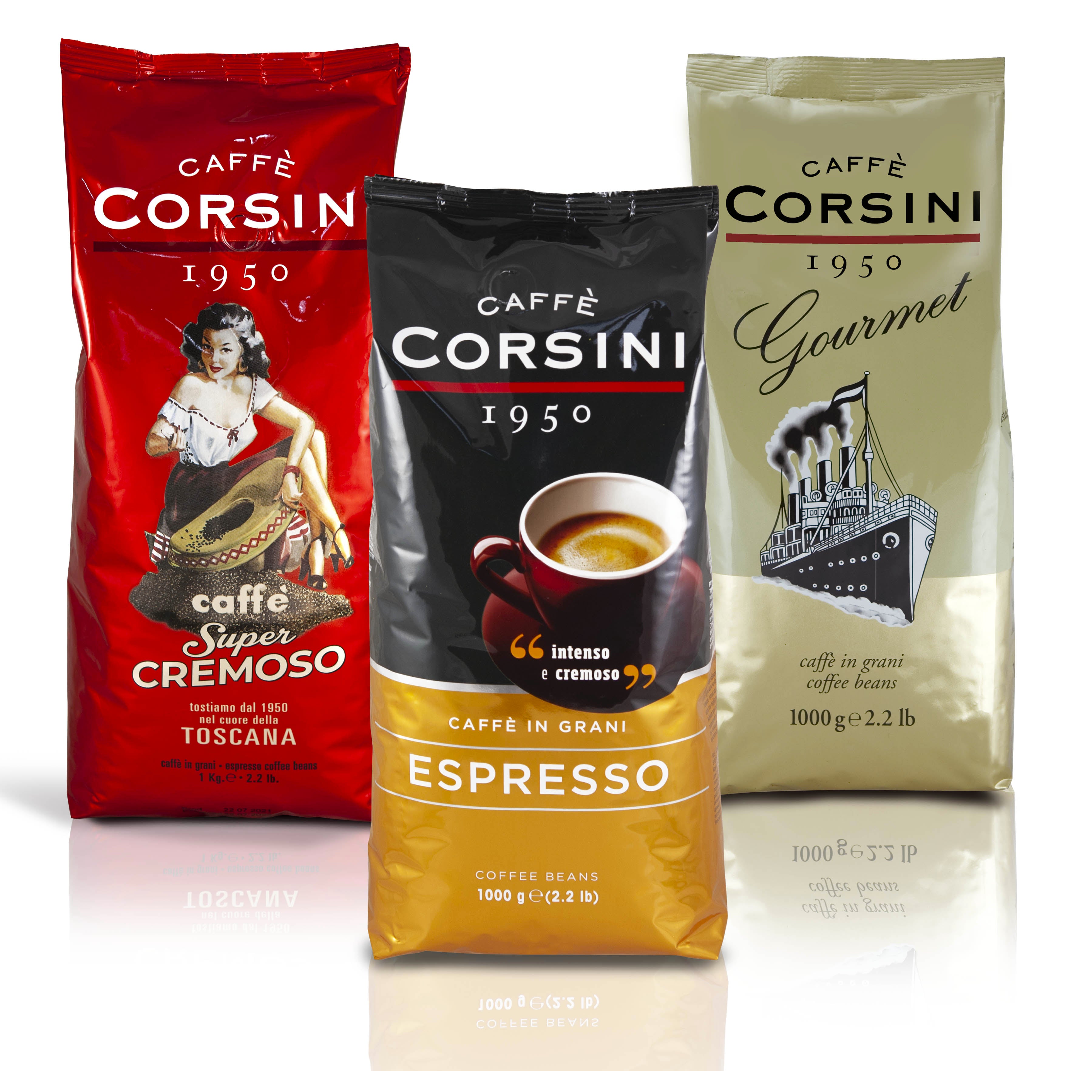 Set di 3 caffè in grani Super Cremoso, Espresso, Gourmet, 1 Kg ogni confezione, totale 3 chilogrammi, Caffè Corsini