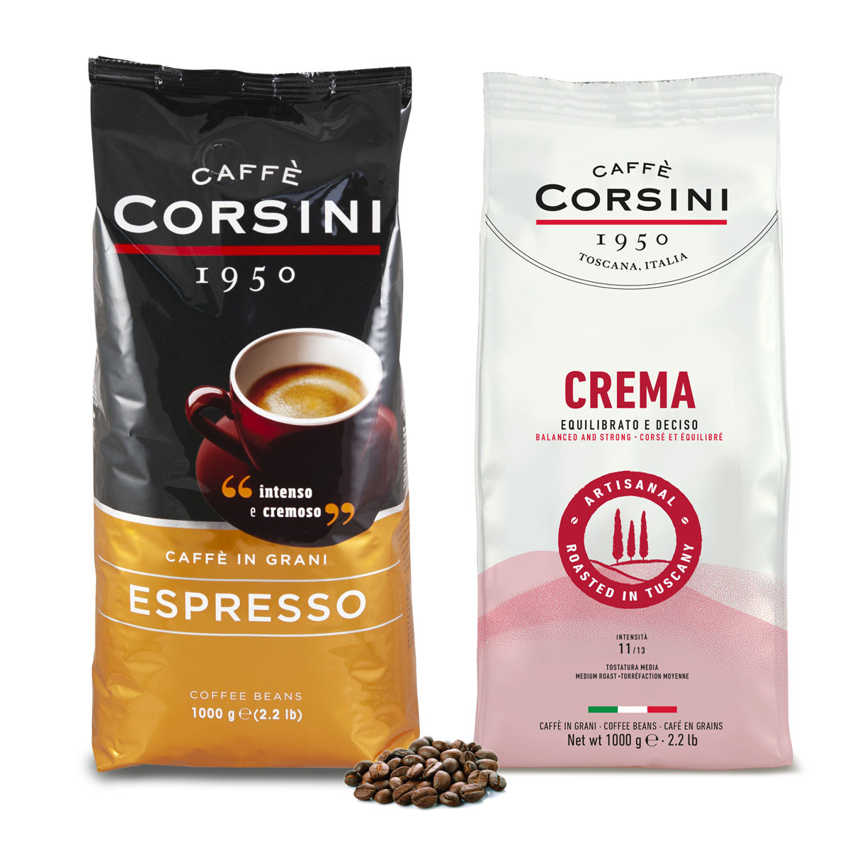 Caffè in grani | Set con 2 chilogrammi di caffé: 1Kg caffè Espresso. 1 Kg Caffè Crema nuova gamma, Caffè Corsini 