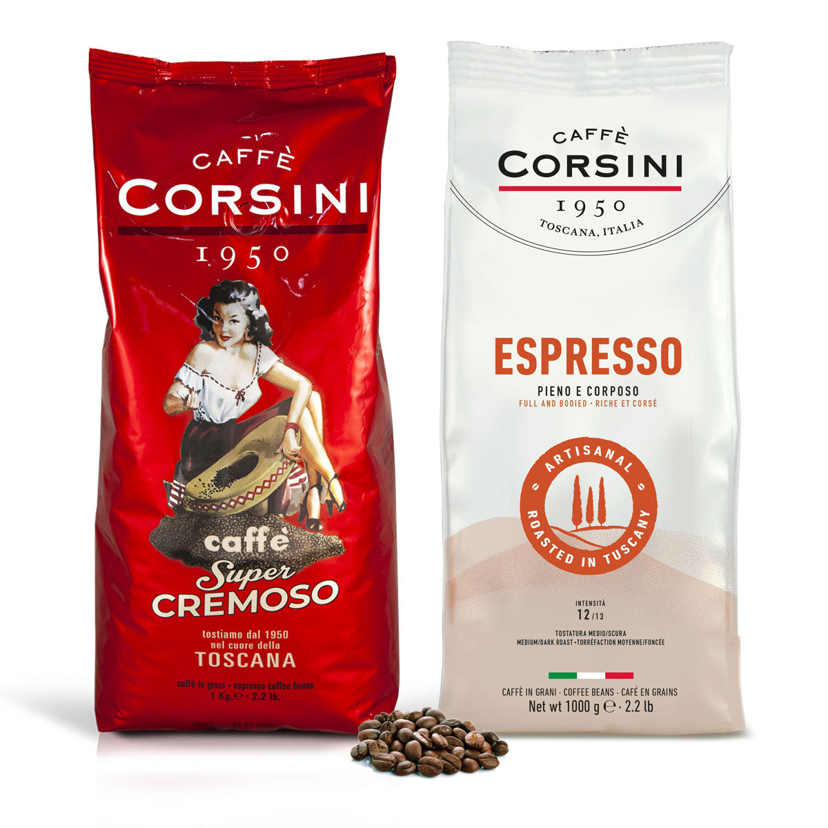 Caffè in grani | Set con 2 chilogrammi di caffé: 1 Kg Caffè Super Cremoso, 1Kg caffè Espresso nuova gamma, Caffè Corsini