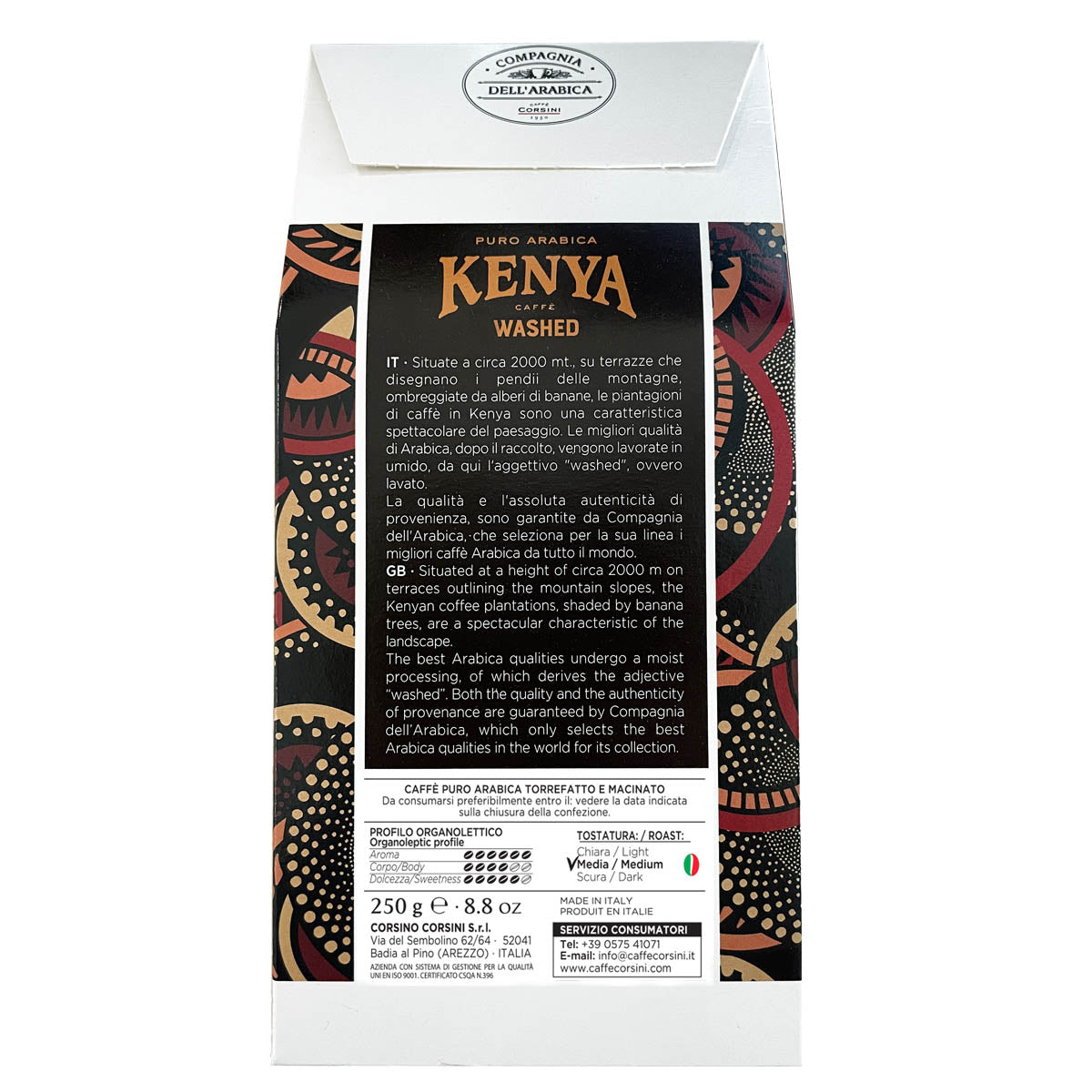Caffè macinato | Kenya Washed | 100% Arabica | Confezione da 250g | Cartone con 12 confezioni