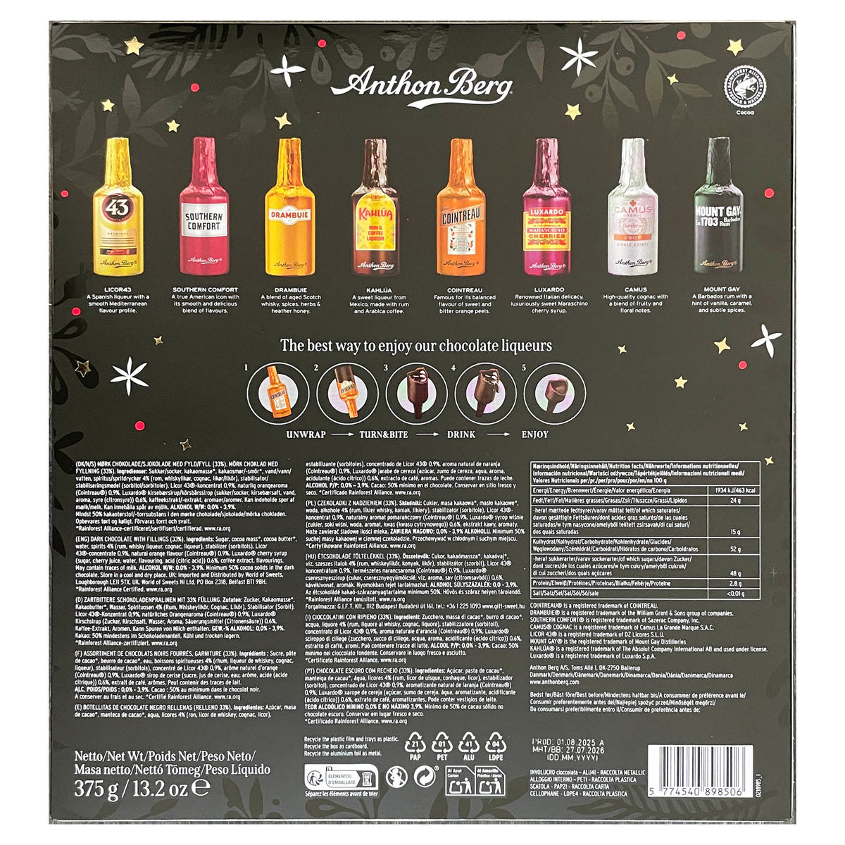 Anthon Berg - Calendario dell'Avvento con 24 Cioccolatini Assortiti al Liquore, Confezione Regalo, 375g