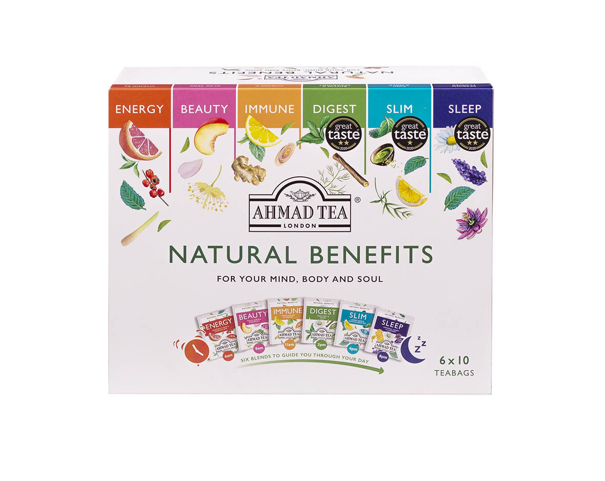 Natural Benefits | Ahmad Tea | Selezione con 6 infusi alla frutta e alle erbe | 60 bustine